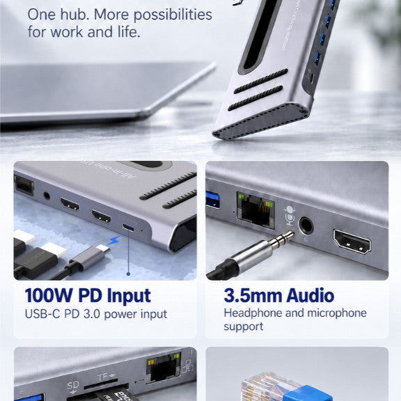 GXM 12-in-1 USB-C Hub Docking Station Dual HDMI 4K 60Hz 100W PD Gigabit Ethernet USB 3.0 SD/TF Card Reader Audio 3.5mm