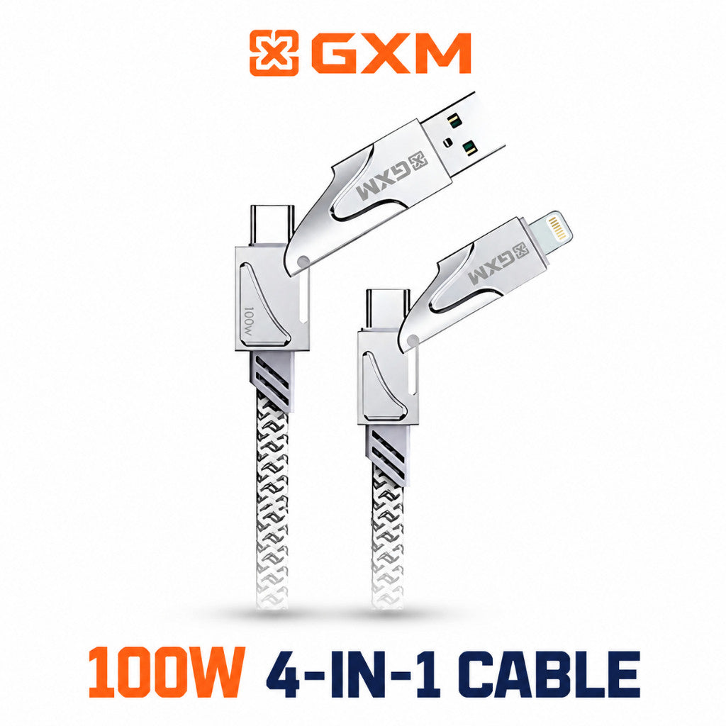 GXM 100W 4 in 1 Fast Charging Data Cable  PD, USB-C & USB-A to Type-C/Lightning, 480Mbps, 1.2m Braided Cable CBT100