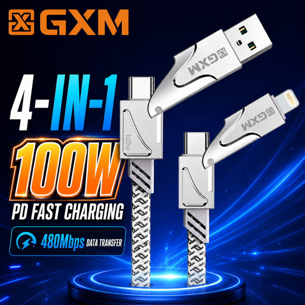 GXM 100W 4 in 1 Fast Charging Data Cable  PD, USB-C & USB-A to Type-C/Lightning, 480Mbps, 1.2m Braided Cable CBT100