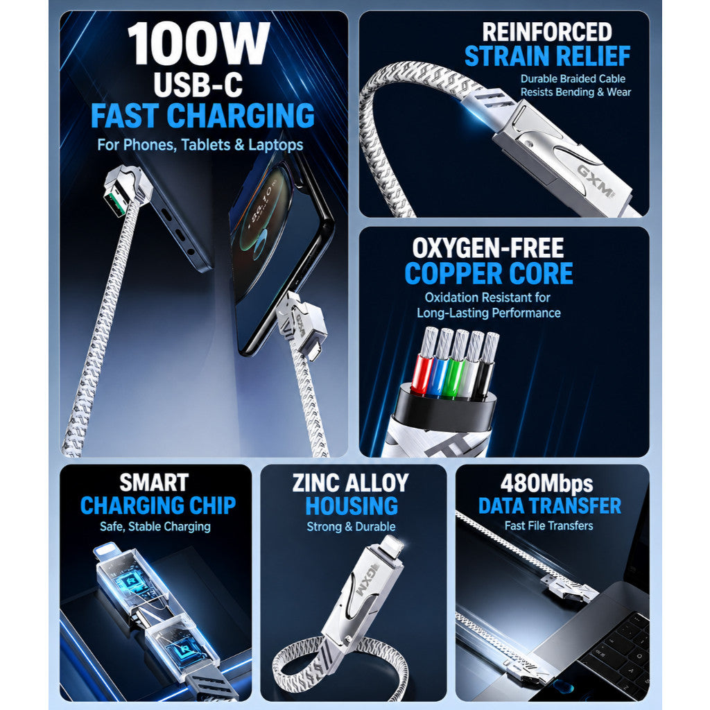 GXM 100W 4 in 1 Fast Charging Data Cable  PD, USB-C & USB-A to Type-C/Lightning, 480Mbps, 1.2m Braided Cable CBT100