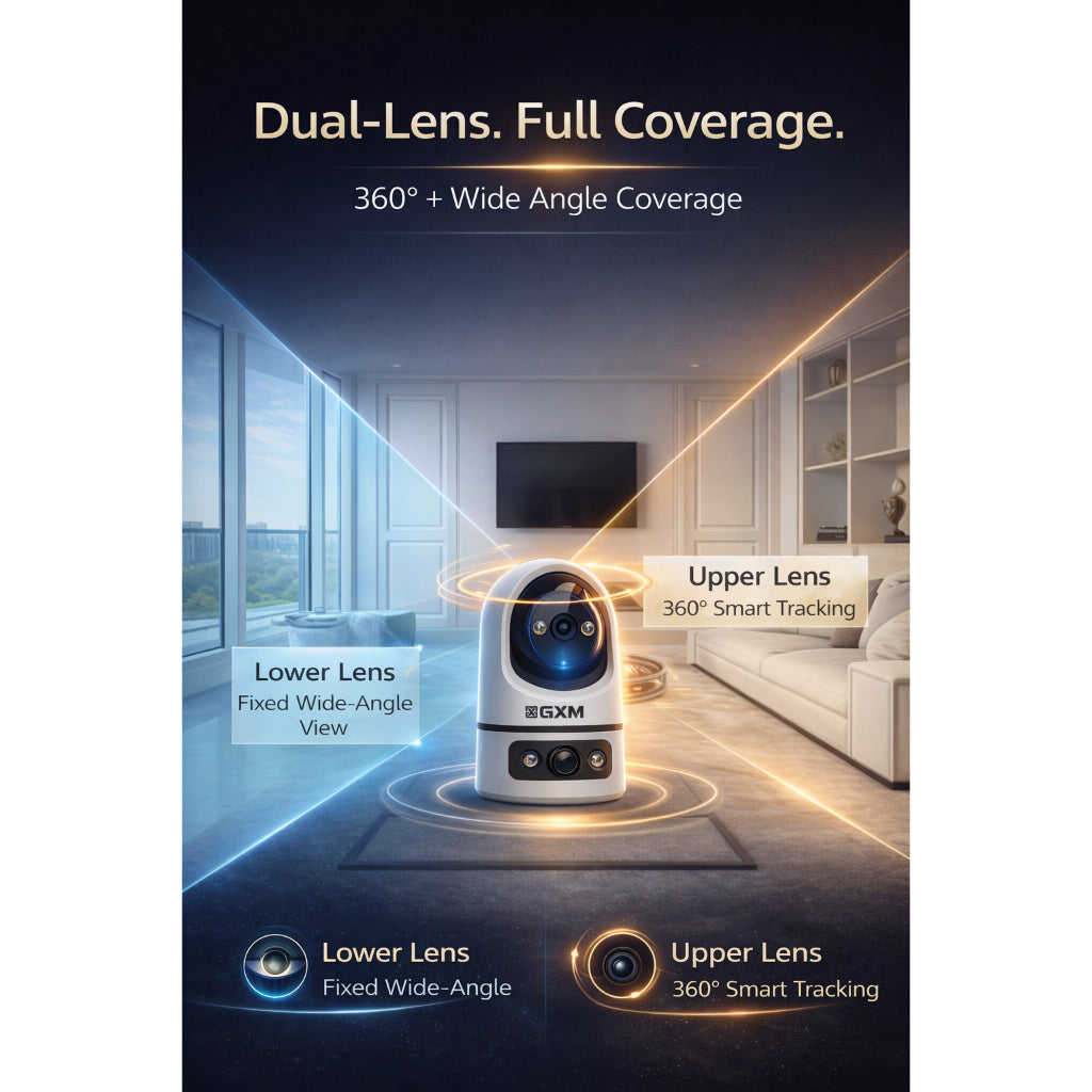 GXM P7 Dual Lens 2K Smart CCTV | 360° PTZ Auto Tracking | Fixed Wide View | Sound & Light Alarm | Dual-Band WiFi | Cloud