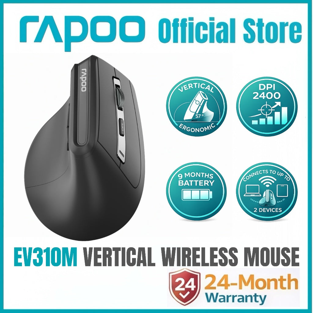 RAPOO EV310M Vertical Ergonomic Wireless Mouse | Bluetooth 3.0/5.0 & 2.4GHz | 2400 DPI | Dual Device | 9 Months Battery
