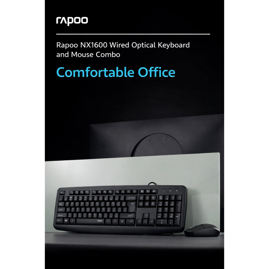 RAPOO NX1600 Wired Keyboard & Mouse Combo | Spill-Resistant Keyboard | 1000DPI Optical Mouse | USB Plug & Play