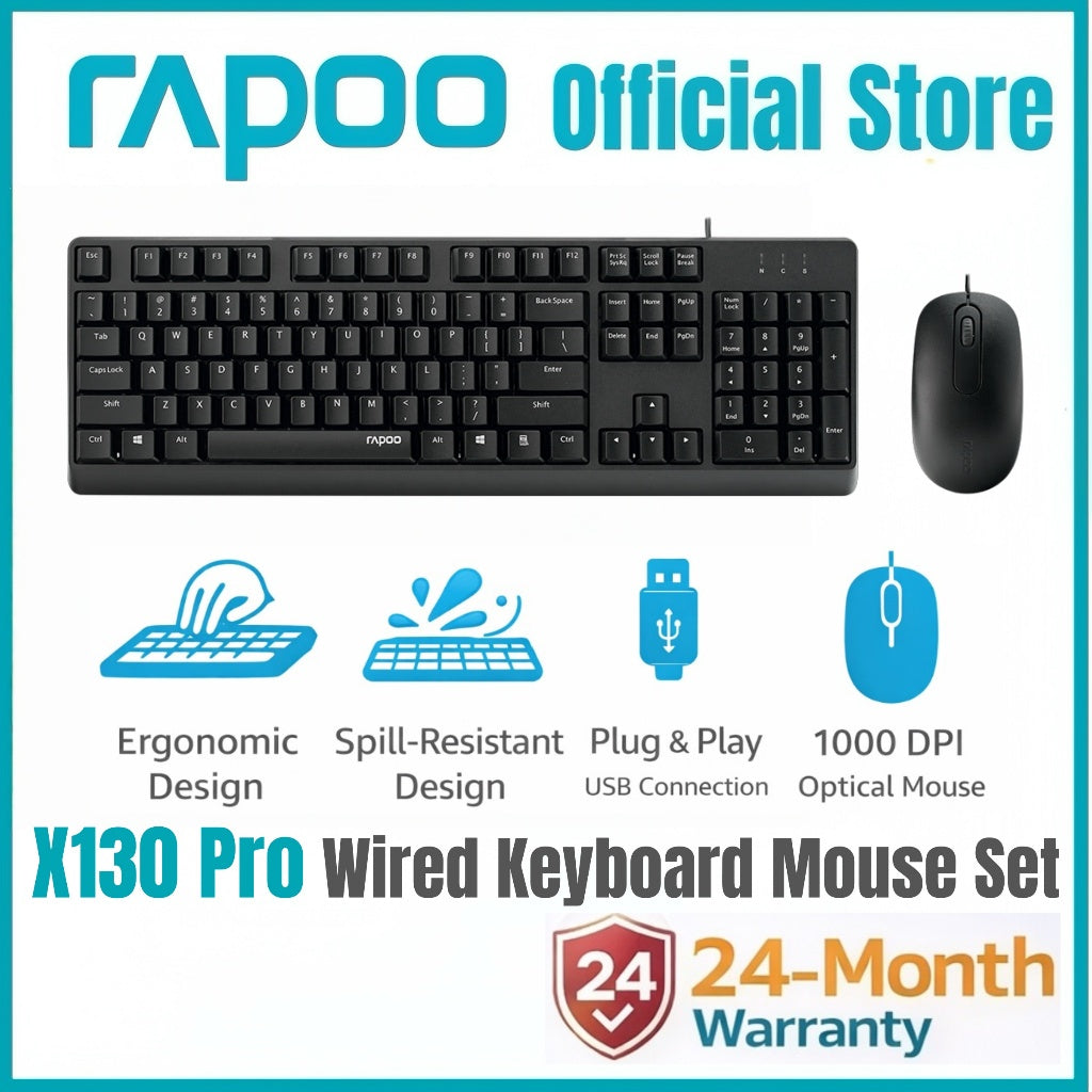RAPOO X130 Pro Wired Keyboard & Mouse Combo | Spill-Resistant | Ergonomic Design | USB Plug & Play | 1000 DPI Mouse | 24 Months Warranty
