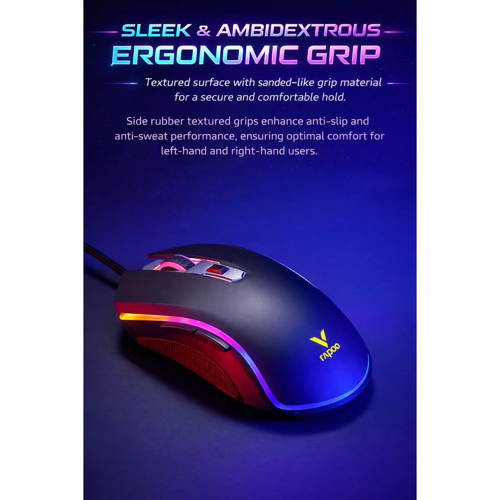 RAPOO V25S RGB Wired Gaming Mouse | 3325 Optical Sensor | 200–5000 DPI | 1000Hz 8 Programmable Buttons 2 Years Warranty