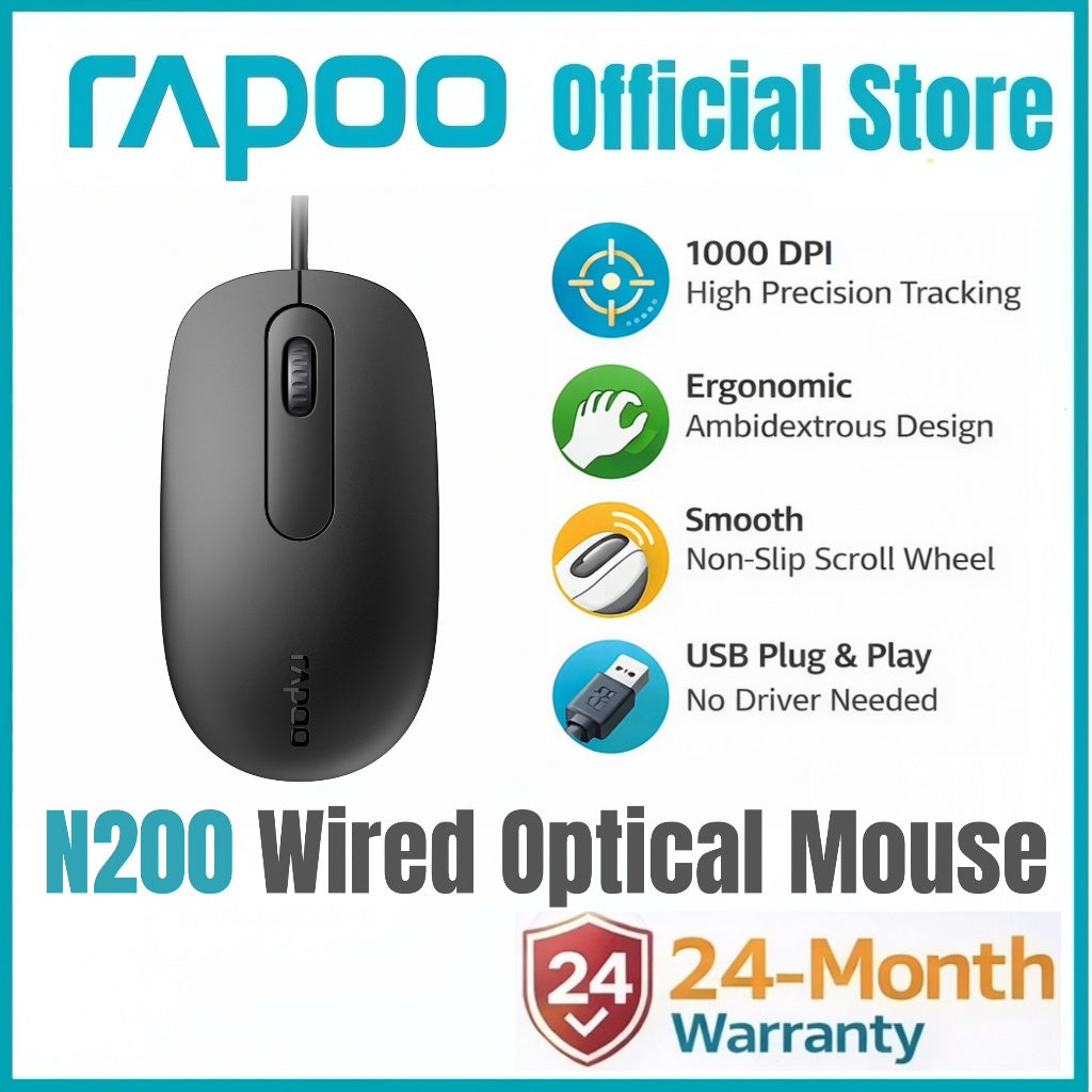 RAPOO N200 Wired Optical Mouse | 1000 DPI High Precision | Ergonomic Ambidextrous Design | USB Plug & Play