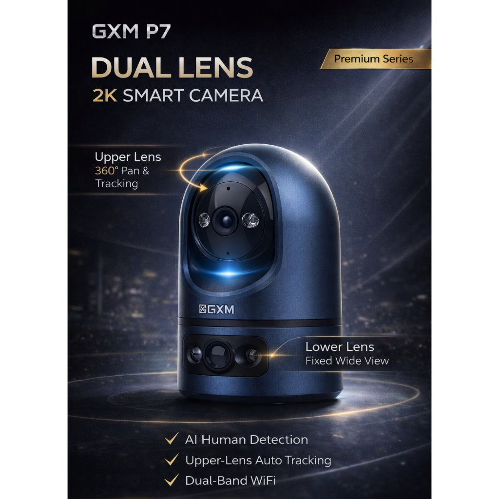 GXM P7 Dual Lens 2K Smart CCTV | 360° PTZ Auto Tracking | Fixed Wide View | Sound & Light Alarm | Dual-Band WiFi | Cloud