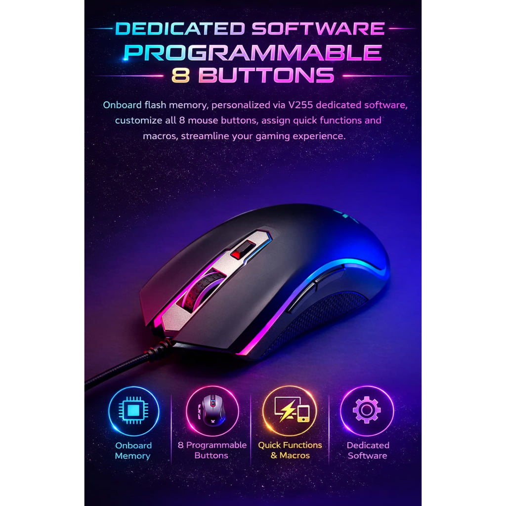 RAPOO V25S RGB Wired Gaming Mouse | 3325 Optical Sensor | 200–5000 DPI | 1000Hz 8 Programmable Buttons 2 Years Warranty