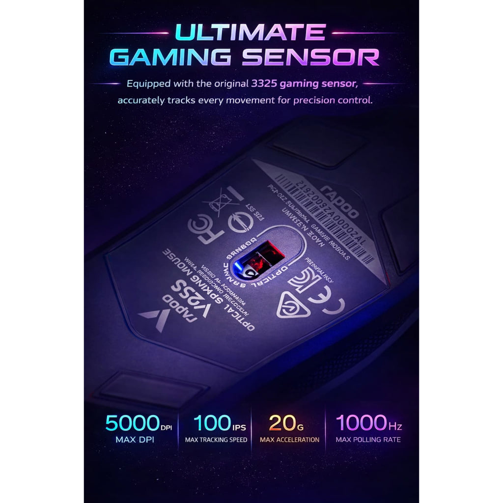 RAPOO V25S RGB Wired Gaming Mouse | 3325 Optical Sensor | 200–5000 DPI | 1000Hz 8 Programmable Buttons 2 Years Warranty