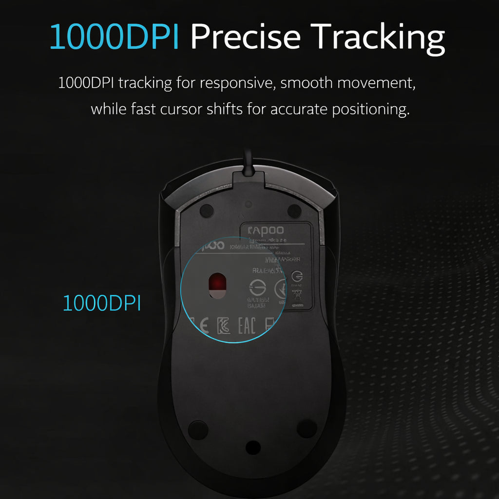 Rapoo N1200 Silent Wired Optical Mouse | 1000 DPI |Ambidextrous Design | USB Plug & Play | Windows Compatible