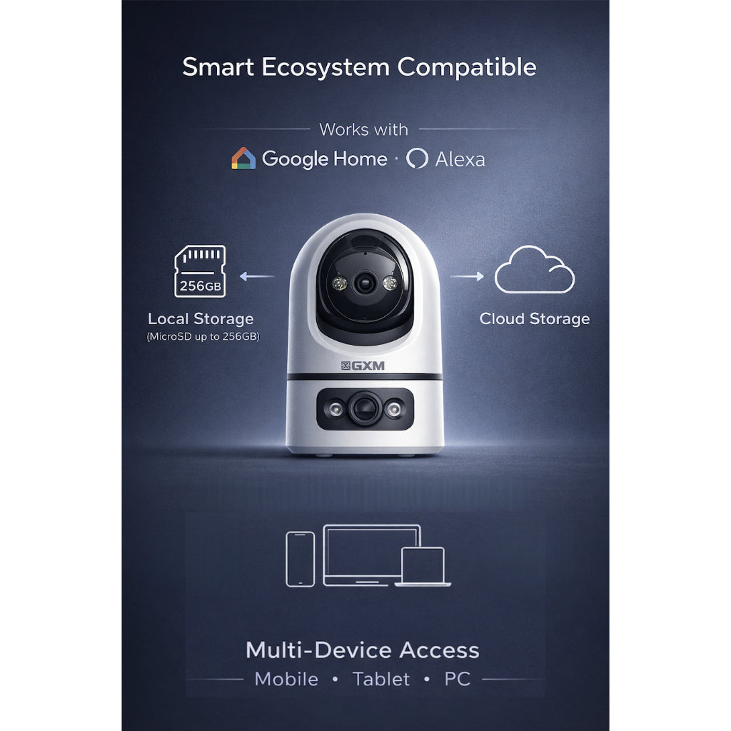 GXM P7 Dual Lens 2K Smart CCTV | 360° PTZ Auto Tracking | Fixed Wide View | Sound & Light Alarm | Dual-Band WiFi | Cloud