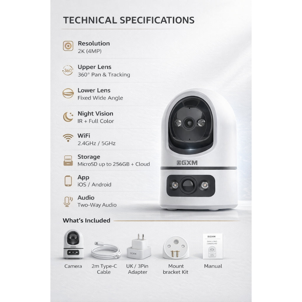 GXM P7 Dual Lens 2K Smart CCTV | 360° PTZ Auto Tracking | Fixed Wide View | Sound & Light Alarm | Dual-Band WiFi | Cloud