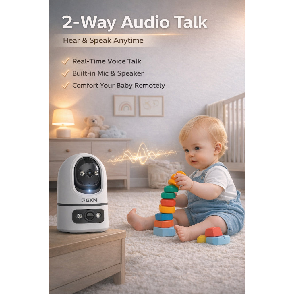 GXM P7 Dual Lens 2K Smart CCTV | 360° PTZ Auto Tracking | Fixed Wide View | Sound & Light Alarm | Dual-Band WiFi | Cloud