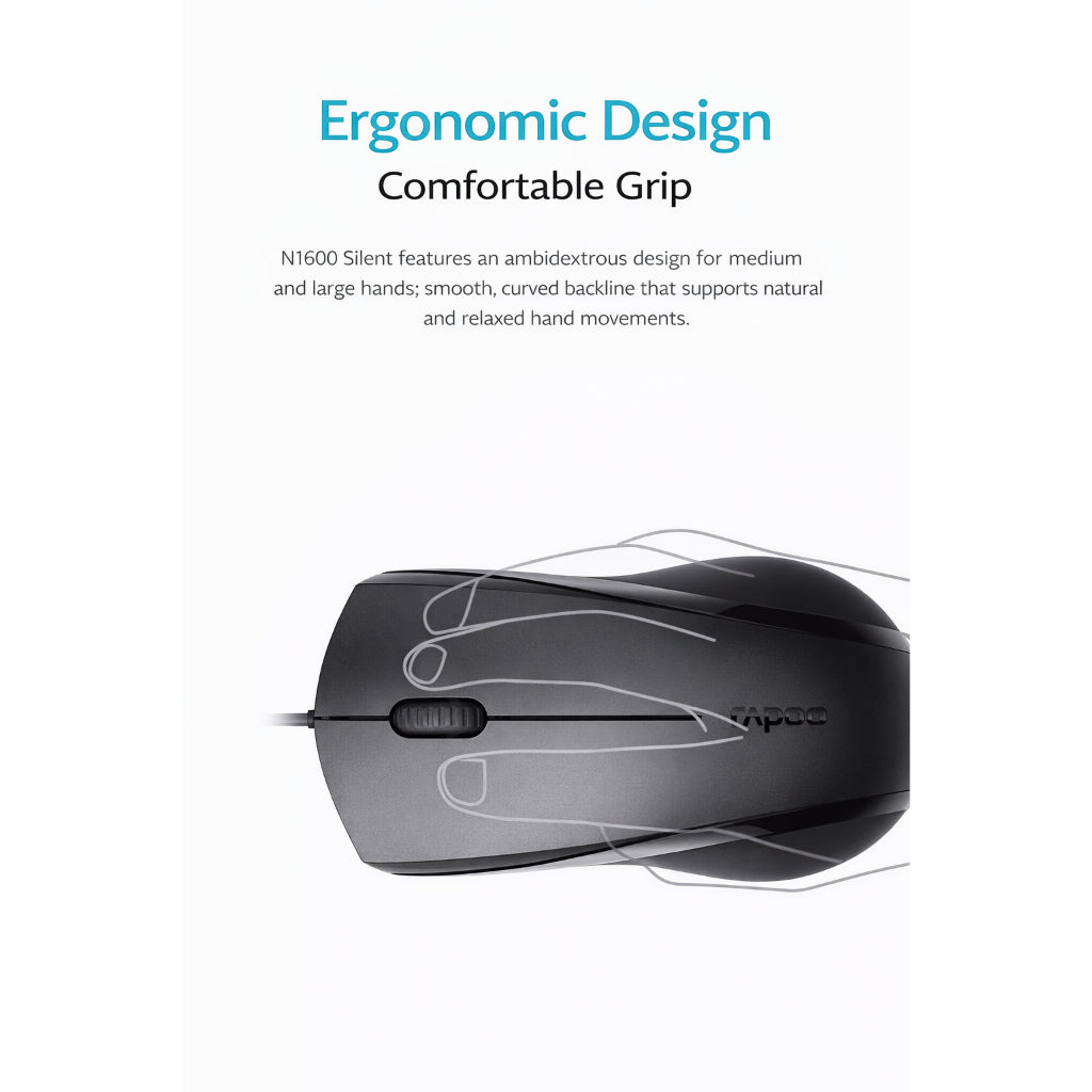 Rapoo N1200 Silent Wired Optical Mouse | 1000 DPI |Ambidextrous Design | USB Plug & Play | Windows Compatible