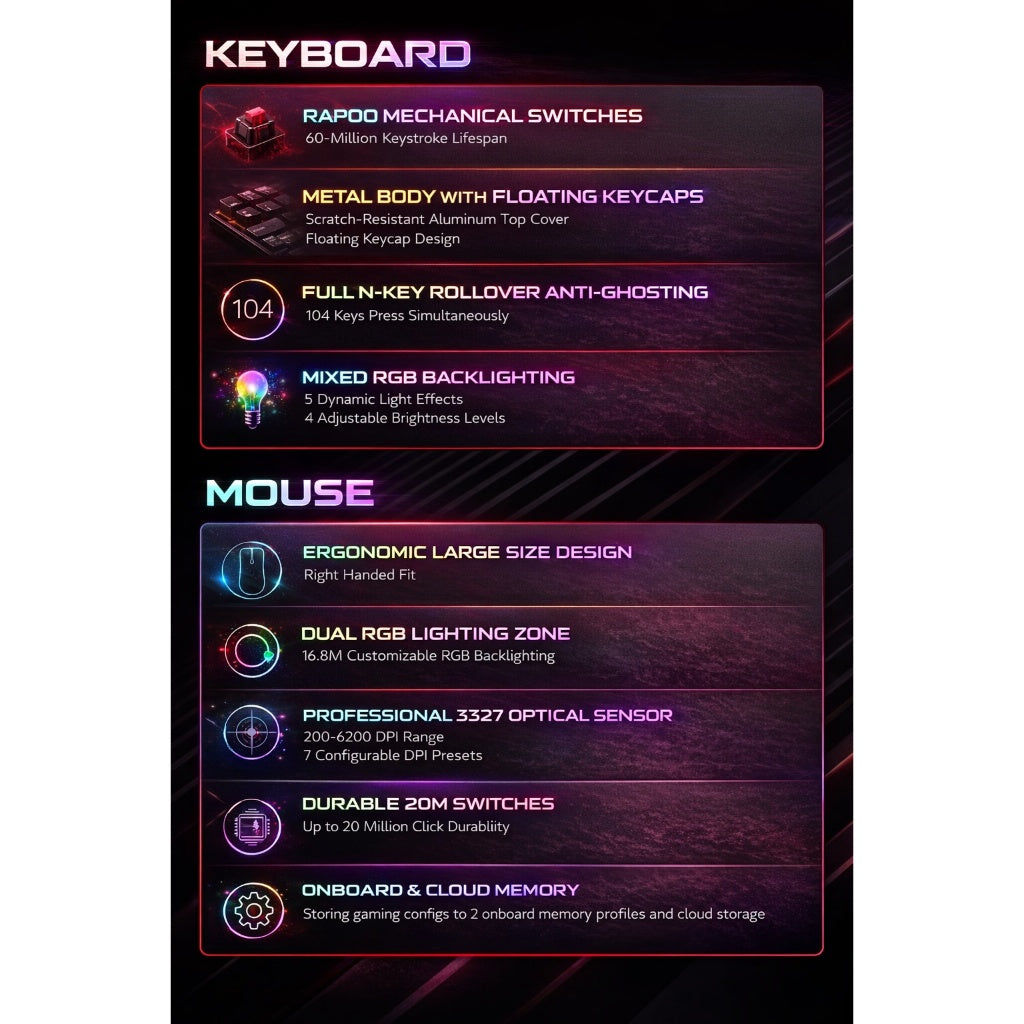 RAPOO V150S Wired Gaming Keyboard & Mouse Combo | V500 Pro Mechanical RGB Keyboard + V22S Gaming Mouse Official Warranty