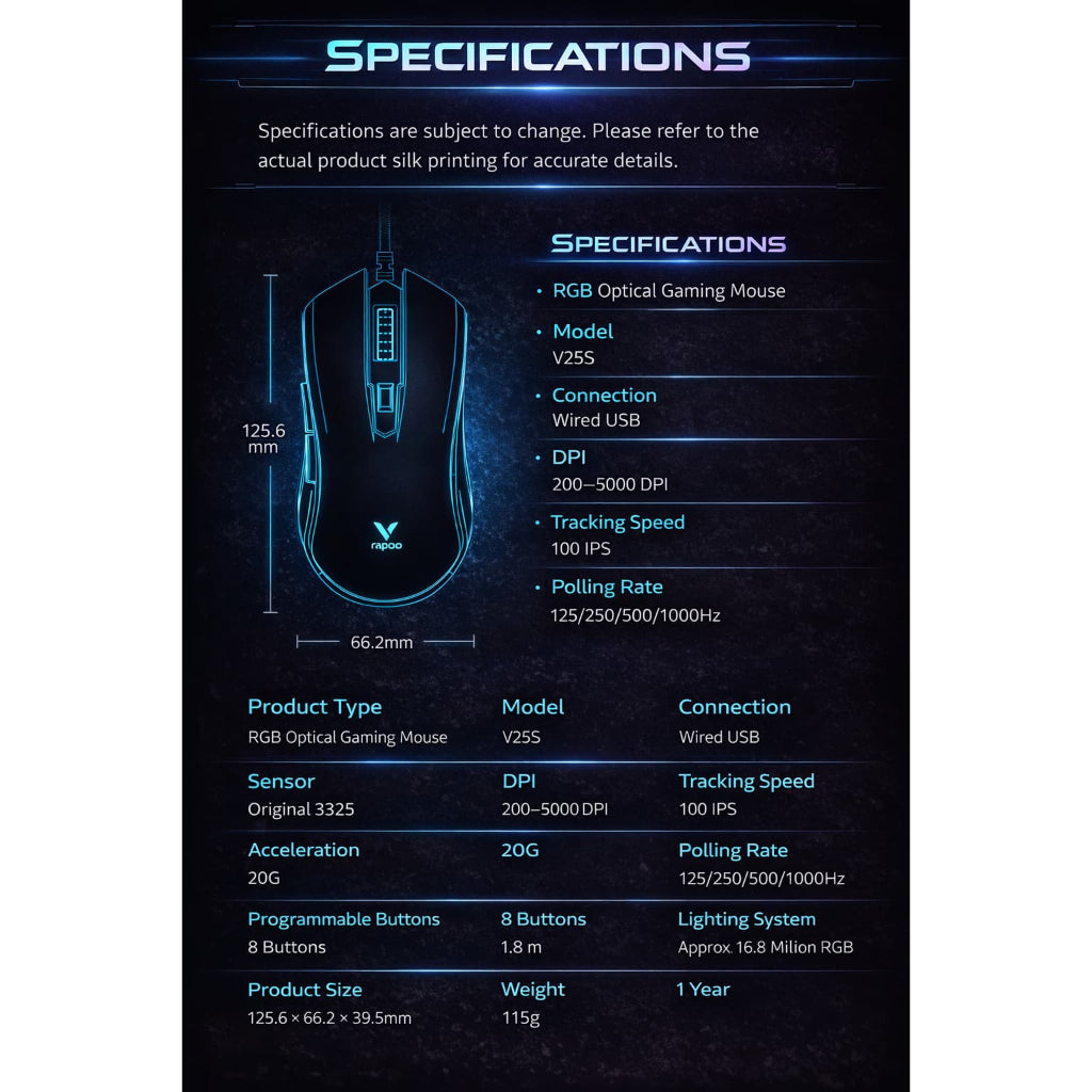 RAPOO V25S RGB Wired Gaming Mouse | 3325 Optical Sensor | 200–5000 DPI | 1000Hz 8 Programmable Buttons 2 Years Warranty