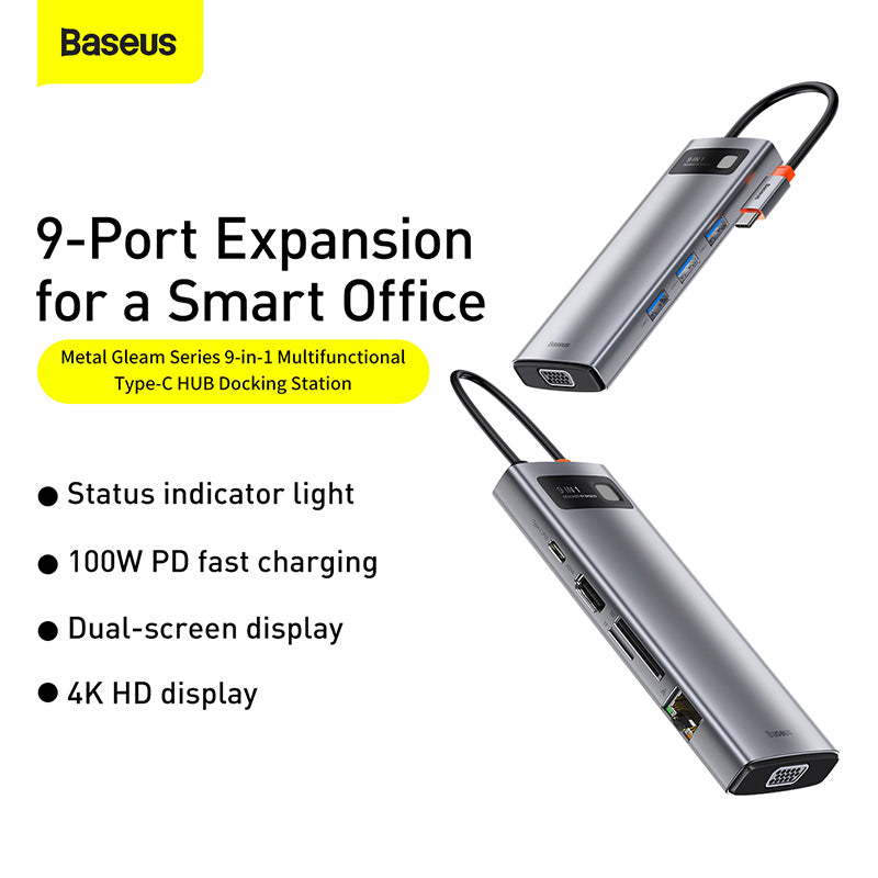 Baseus Metal Gleam 9 in 1 USB C HUB Type C to HDMI VGA RJ45 USB 3.0 Adapter Type C HUB Dock Compatible with MacBook Pro Air Notebook Microsoft Surface USB C Splitter