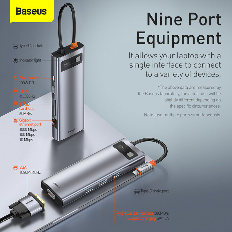 Baseus Metal Gleam 9 in 1 USB C HUB Type C to HDMI VGA RJ45 USB 3.0 Adapter Type C HUB Dock Compatible with MacBook Pro Air Notebook Microsoft Surface USB C Splitter
