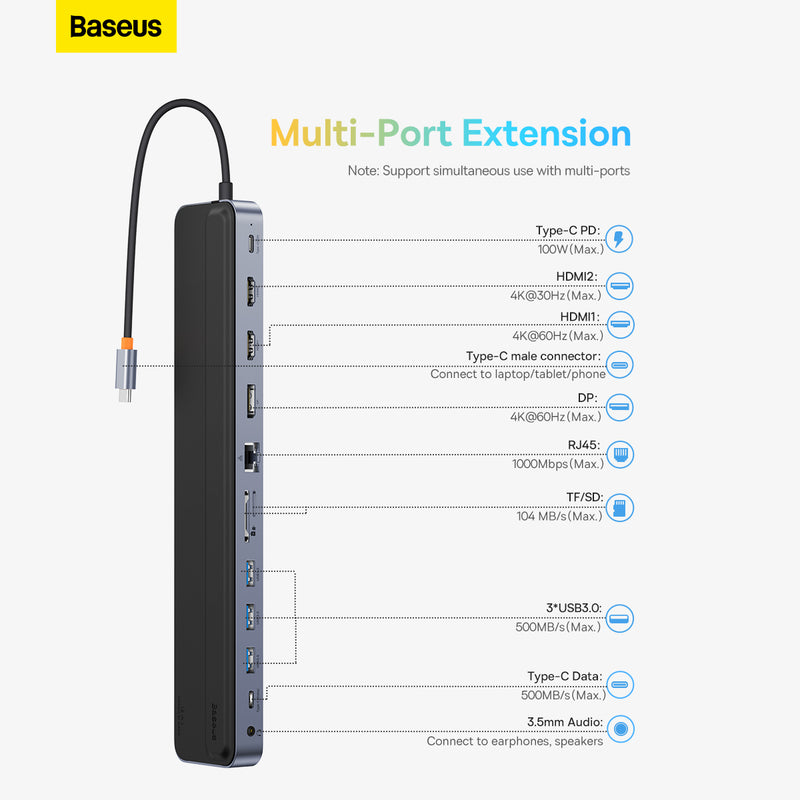 Baseus EliteJoy Gen2 11-Port Type-C HUB Adapter 11 in 1 Hub Stand Dock USB-C PD VGA HDMI RJ45 TF/SD USB 3.0 Data Transfer 3.5mm Audio Dark gray
