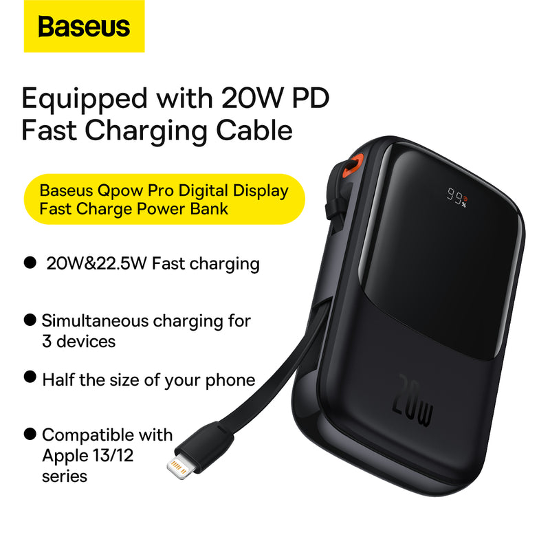 Baseus Qpow Pro Digital Display 20W Fast Charge 10000mAH In Built IOS Type-C Charging Cable Three Output Multi Quick Charge Power Bank Portable Charger