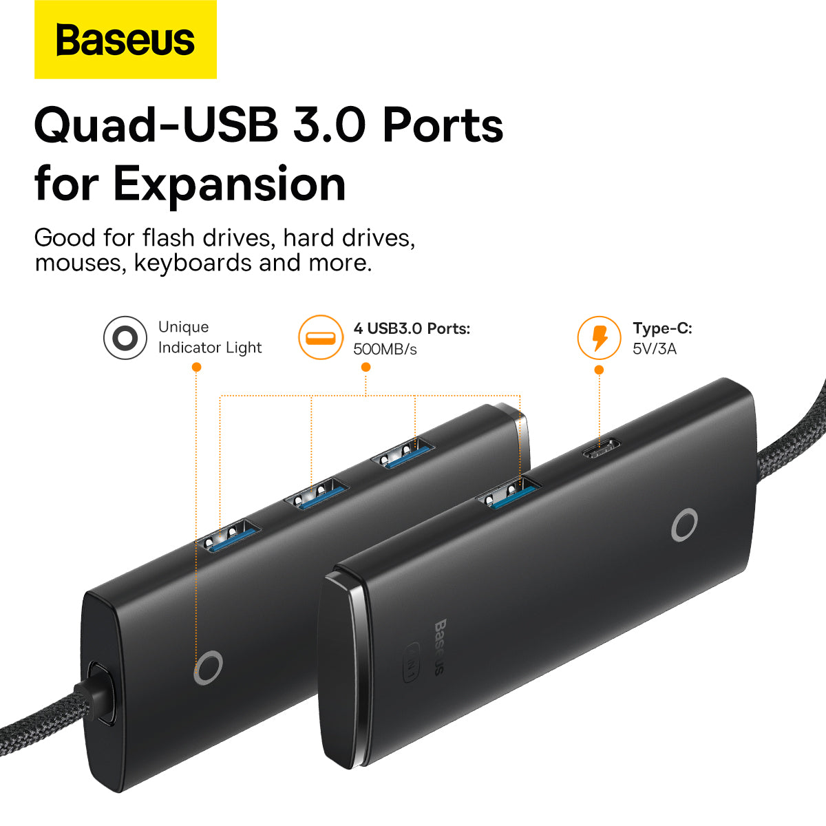 Baseus Lite Series 4-Port USB-A & Type-C Hub Adapter 5Gbps Data Transmission Plug and Play Windows macOS Linux Android IOS -Black