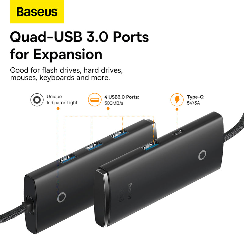 Baseus Lite Series 4-Port USB-A & Type-C Hub Adapter 5Gbps Data Transmission Plug and Play Windows macOS Linux Android IOS -Black