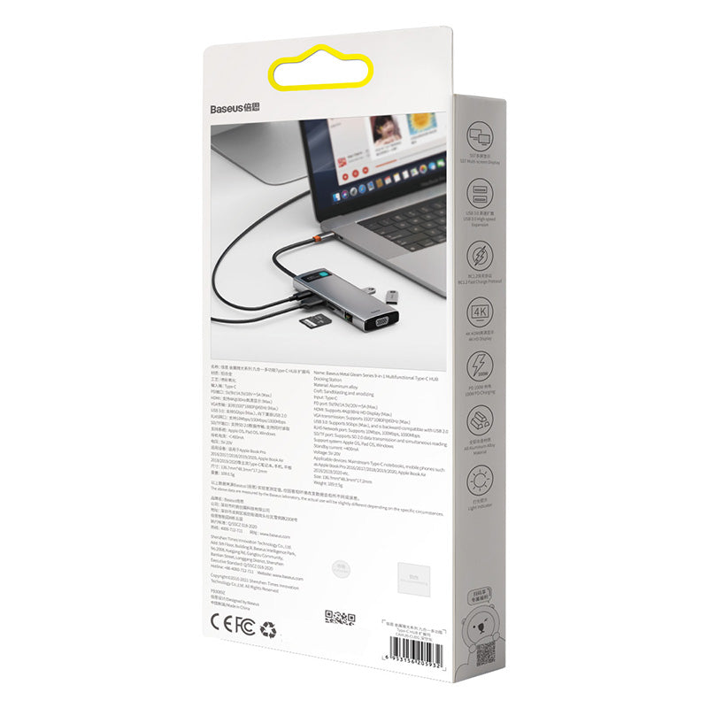 Baseus Metal Gleam 9 in 1 USB C HUB Type C to HDMI VGA RJ45 USB 3.0 Adapter Type C HUB Dock Compatible with MacBook Pro Air Notebook Microsoft Surface USB C Splitter