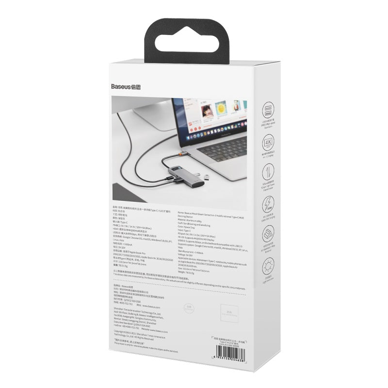 Baseus Metal Gleam 5 in 1 USB C HUB Type C to HDMI VGA RJ45 USB 3.0 Adapter Type C HUB Dock Compatible with MacBook Pro Air Notebook Microsoft Surface USB C Splitter