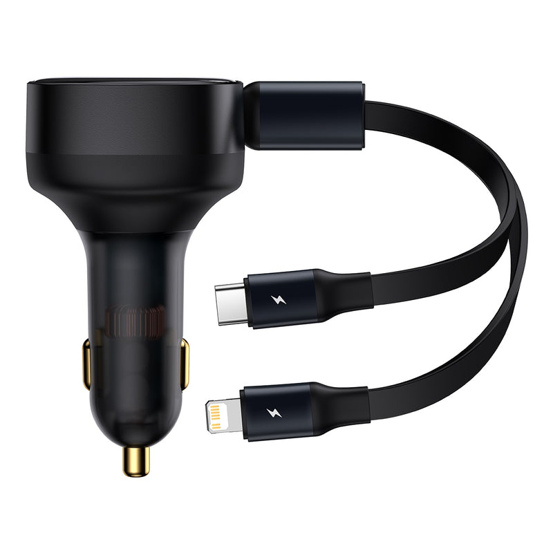Baseus Enjoyment Retractable 30W Fast Charging Car Charger Universal Inbuilt Retractable Cable 2 In 1 Type C Lightning iPhone Car Adapter