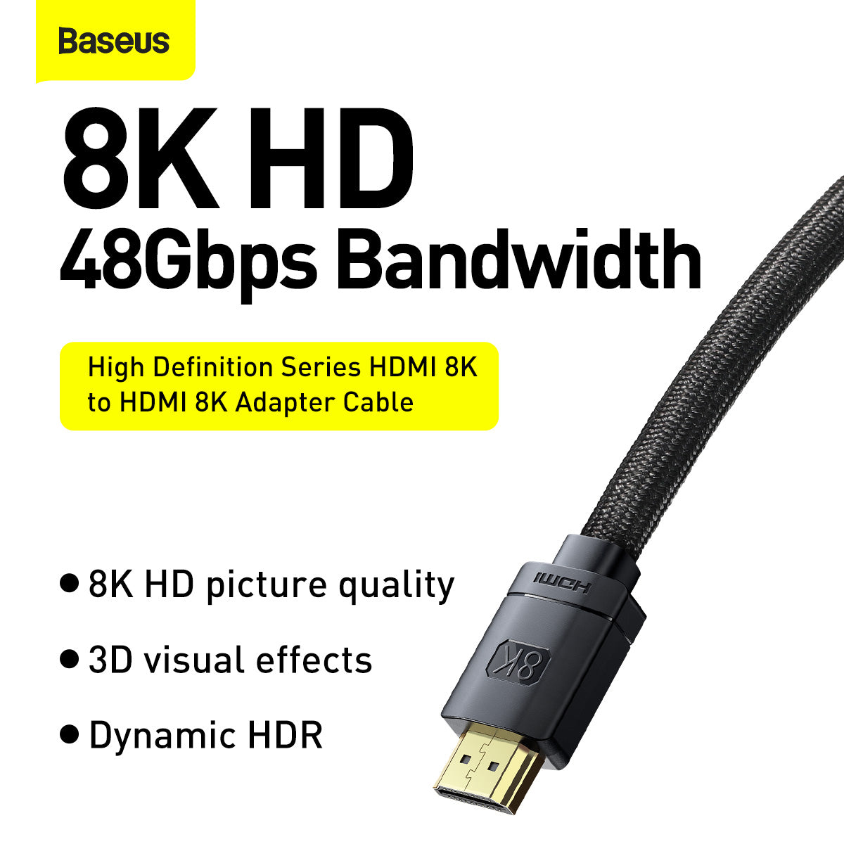 Baseus HDMI 8K Male to HDMI 8K Male Adapter Cable HDMI 2.1 8K/60Hz 4K/120Hz 48Gbps Digital Cables High Definition Series Compatible with Xiaomi Mi Box PS5 PS4 TV Box PC Laptops Monitor Splitter Switch