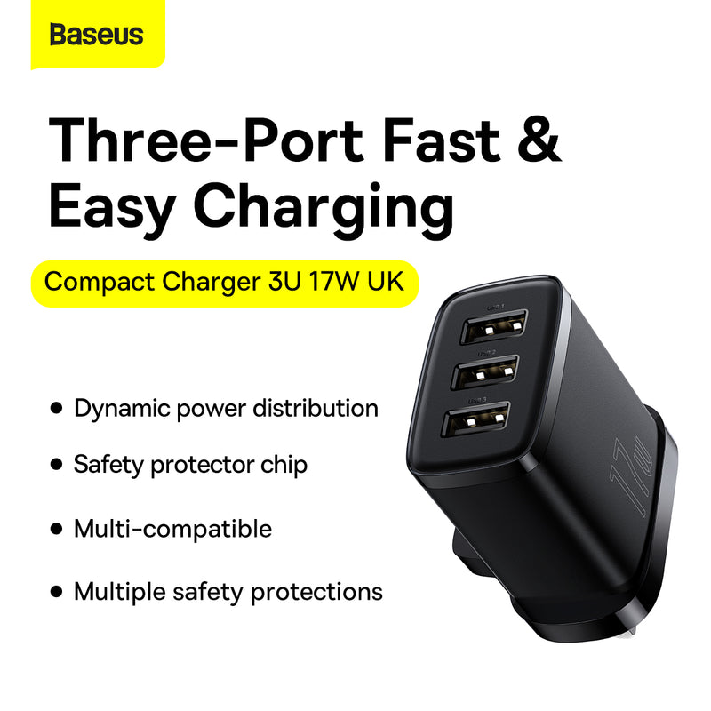 BASEUS Compact Charger 3 USB Ports 17W Power Adapter UK Plug Fast Quick Charge Wall Charger Adapter