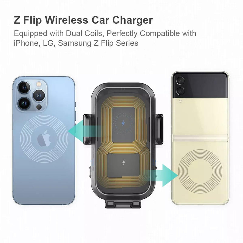 GXM CH01 15W Dual Coil Car Wireless Charger Phone Holder Compatible with Samsung Z Flip Series Three Axis Multi-angle Rotation Auto Clamping Car Phone Holder