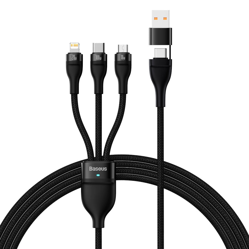 Baseus Flash 2 Two-For-Three 100W Fast Charging Micro USB Type C Lightning IOS Android Dual Input PD Multiple Charge Cable