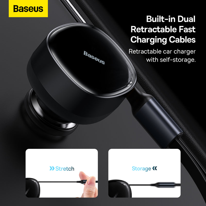 Baseus Enjoyment Retractable 30W Fast Charging Car Charger Universal Inbuilt Retractable Cable 2 In 1 Type C Lightning iPhone Car Adapter