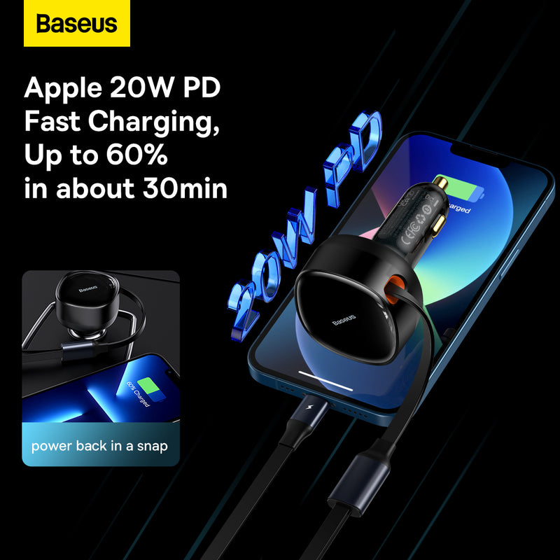 Baseus Enjoyment Retractable 30W Fast Charging Car Charger Universal Inbuilt Retractable Cable 2 In 1 Type C Lightning iPhone Car Adapter