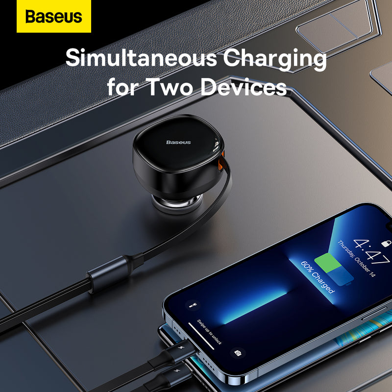 Baseus Enjoyment Retractable 30W Fast Charging Car Charger Universal Inbuilt Retractable Cable 2 In 1 Type C Lightning iPhone Car Adapter