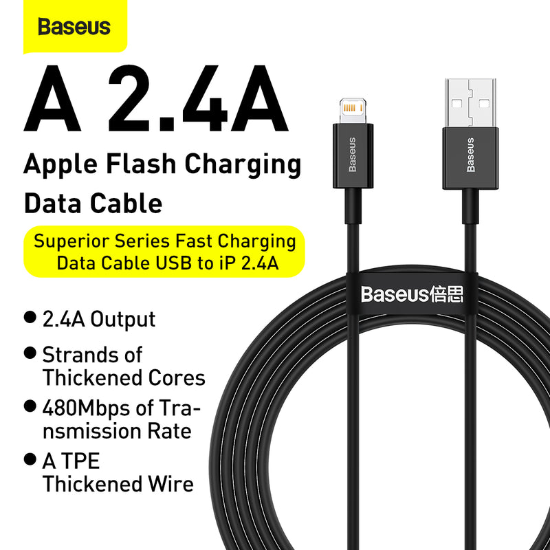 Baseus Superior Lightning 2.4A USB To Lightning iP Quick Charge Data 480Mbps TPE Anti Break Durable 1M 2M Cable