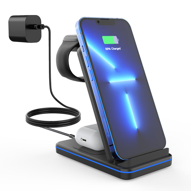 GXM 3in1 15W Wireless Charging Stand For iPhone 14 Pro Max 13 12 Samsung Huawei Xiaomi OPPO VIVO Apple Watch AirPods Charger WC-1502 Foldable Design Fast Wireless Charging Dual Charging Coils Multi-functional Mobile Phone Earbuds Smartwatch