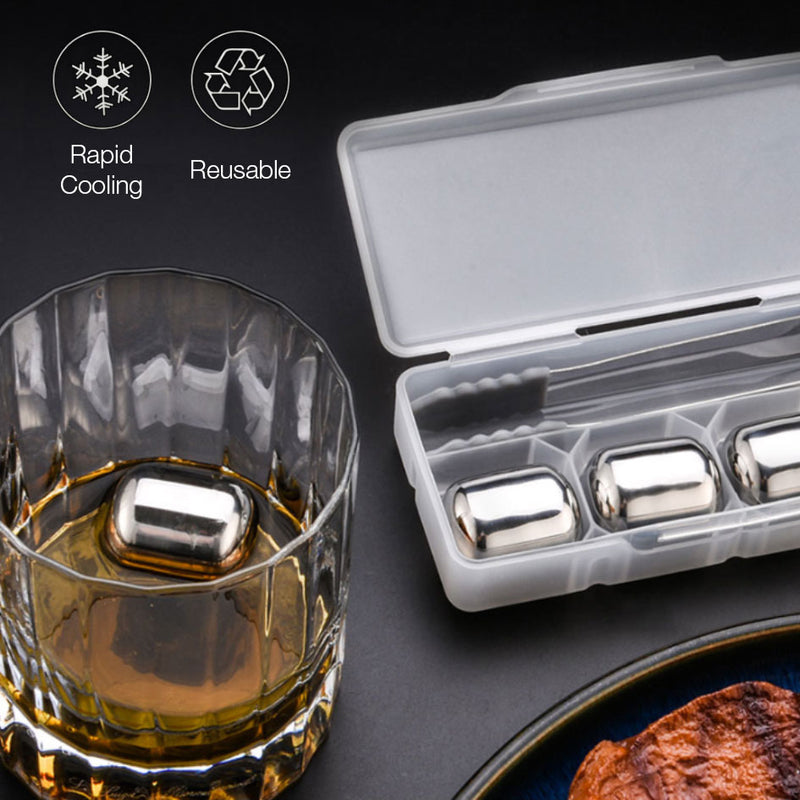 Circle Joy Reusable Ice Cubes 4pcs Set 304 Stainless Steel Cooler Fast Cooling Washable Ice Maker for Whisky Champagne Coffee Wine Fruit Juice