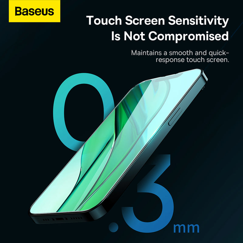 Baseus 0.3mm Crystal Tempered Glass Film 2Pcs  All-Glass Screen Protector Ultra Clarity Touch Sensitive Anti-Fingerprint Anti-Blue Ray For iPhone 13 14 Pro Max