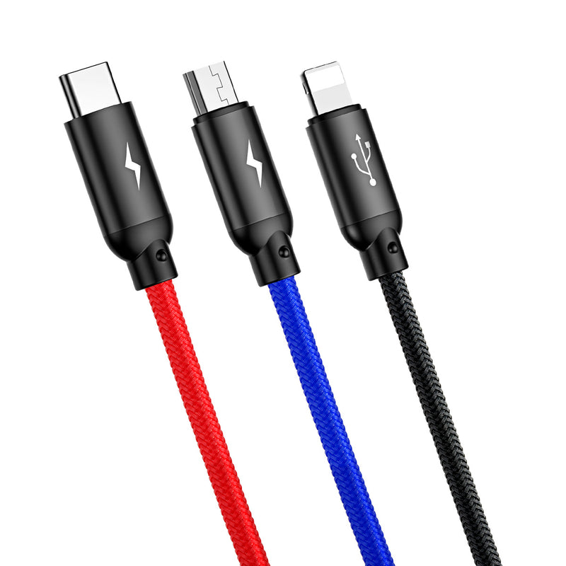Baseus Three Primary Color 3 in 1 3.5A Fast Charging Cable IOS Android USB C Micro USB Lightning Charging Cable 0.3m