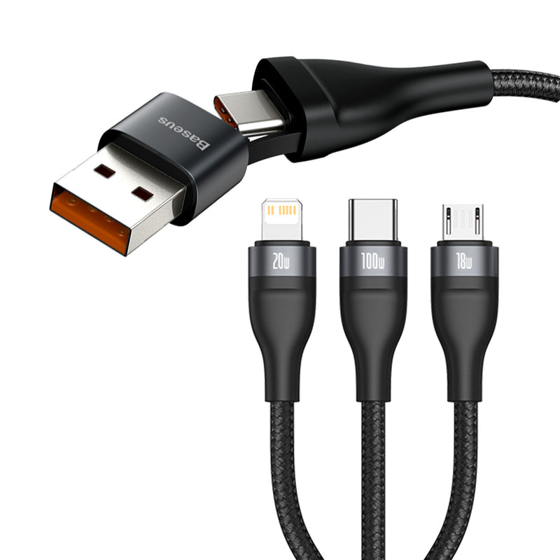Baseus Flash 100W 2 For 3 Charging Cable USB + Type C To Micro USB Lightning Type C IOS Android Multiple Cable PD 20W Fast Charge Cable