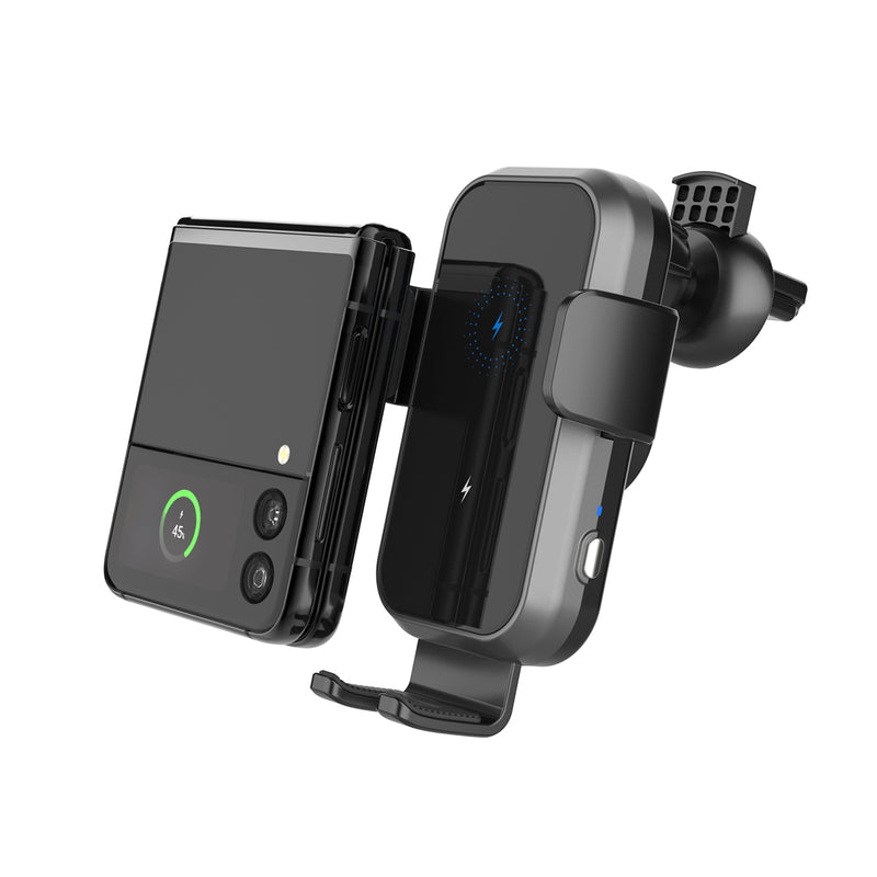GXM CH01 15W Dual Coil Car Wireless Charger Phone Holder Compatible with Samsung Z Flip Series Three Axis Multi-angle Rotation Auto Clamping Car Phone Holder