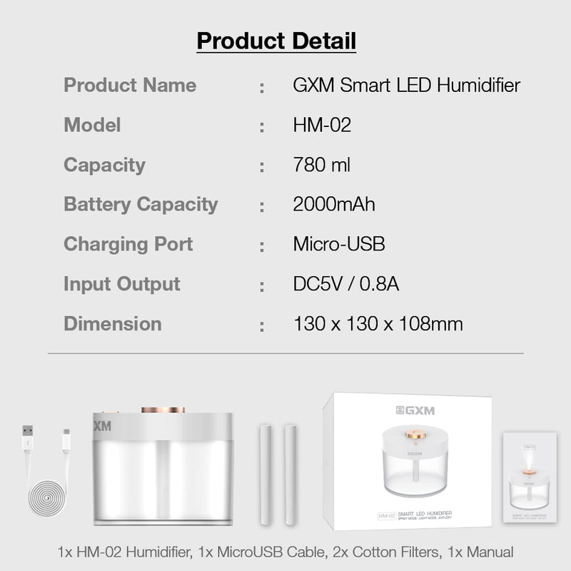 GXM HM-02 Smart LED Humidifier 780ml Cordless Design Anti-dry Sensor Nano Mist Noiseless Night Light Single Touch Operation Portable Purifier Living Room Bedroom