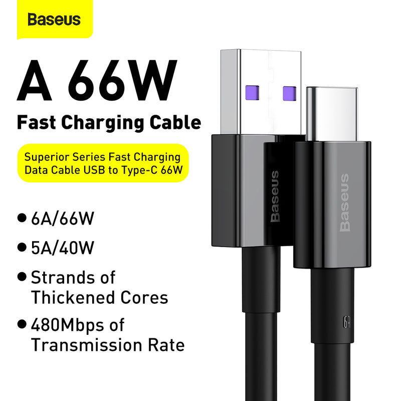 Baseus Superior Type C 66W USB To USB C Fast Charging Data 480Mbps TPE Durable 1M 2M Android Quick Charge Cable -Black