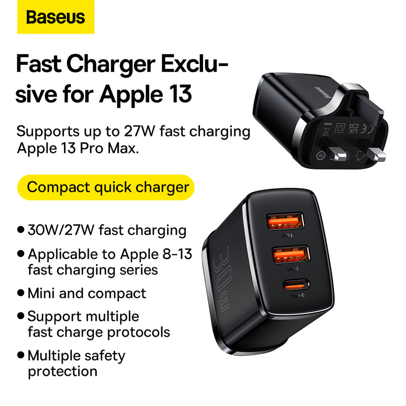 Baseus 30W Wall Charger Plug USB Type C Compact Fast Charger 2U+C Charging Plug UK 3 Pin Adapter Safety Mark