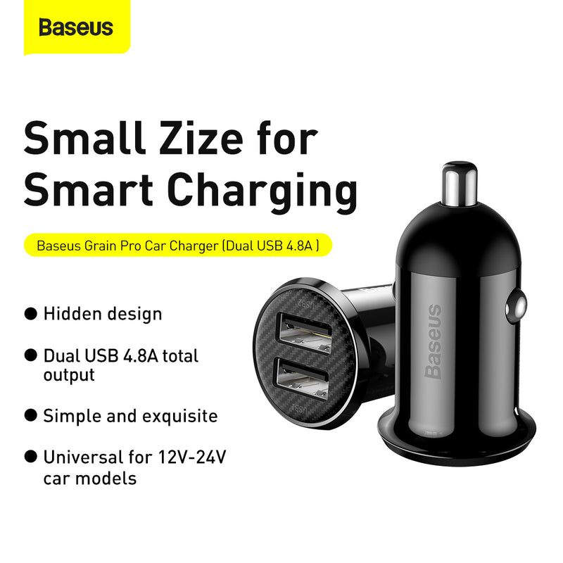 Baseus Grain Pro 4.8A Car Charger Dual USB Charger 12-24V Car Models