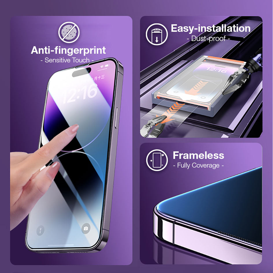 GXM 4th Gen Premium Screen Protector Auto-Alignment Kit For iPhone 15 14 13 12 Pro Max Tempered Glass Easy-installation Privacy Full Coverage Anti-fingerprints Oil Free Coating Dust Free Finishing Durable Impact Resistant Scratch-resistant