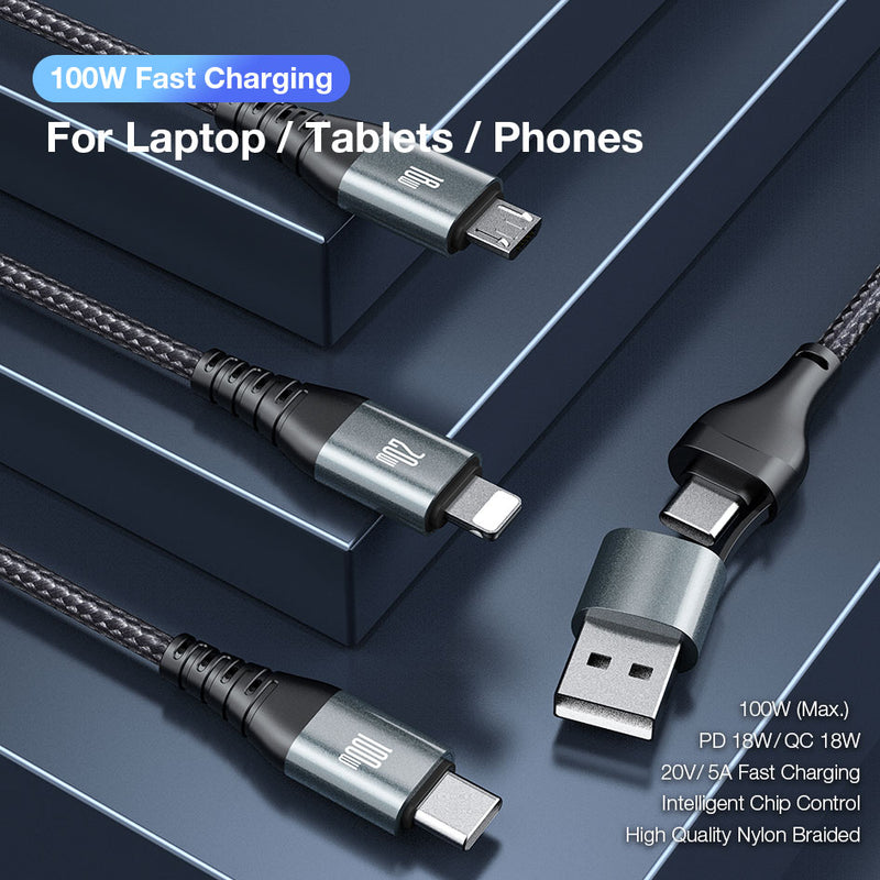 GXM 6 in 1 PD100W Quick Charging Data Cable for Laptop Tablets Phones iP Type-C MicroUSB and Data Transfer Cable