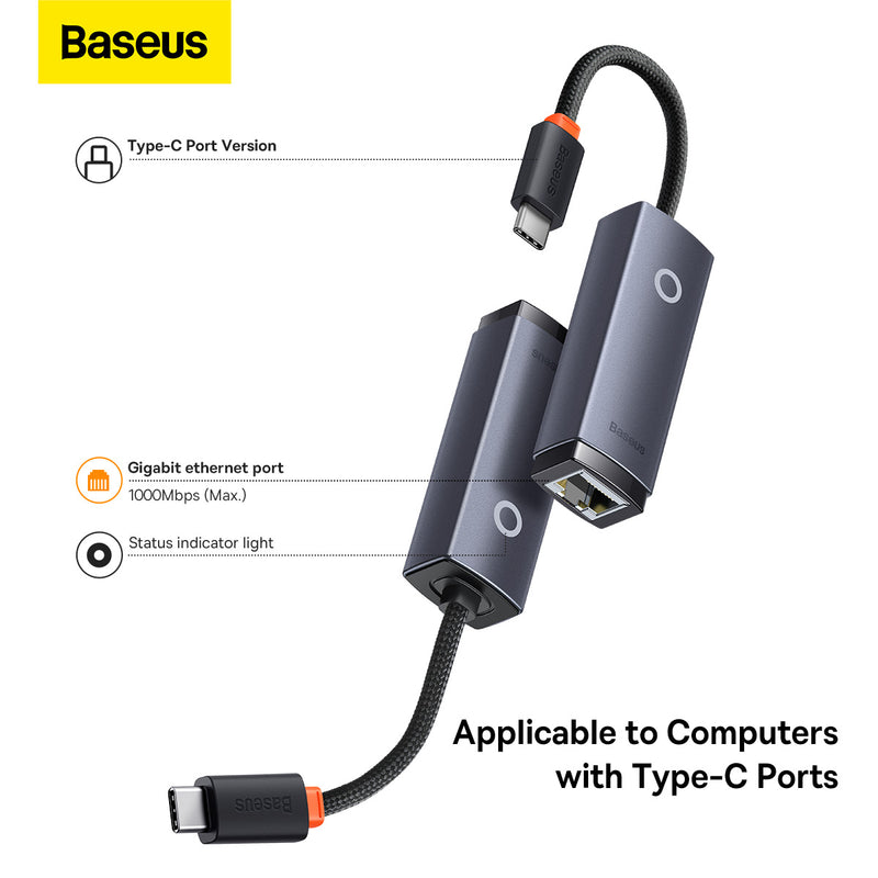 BASEUS LITE USB TYPE C TO RJ45 LAN GIGABIT ETHERNET NETWORK ADAPTER - GREY Windows macOS Linux Android IOS